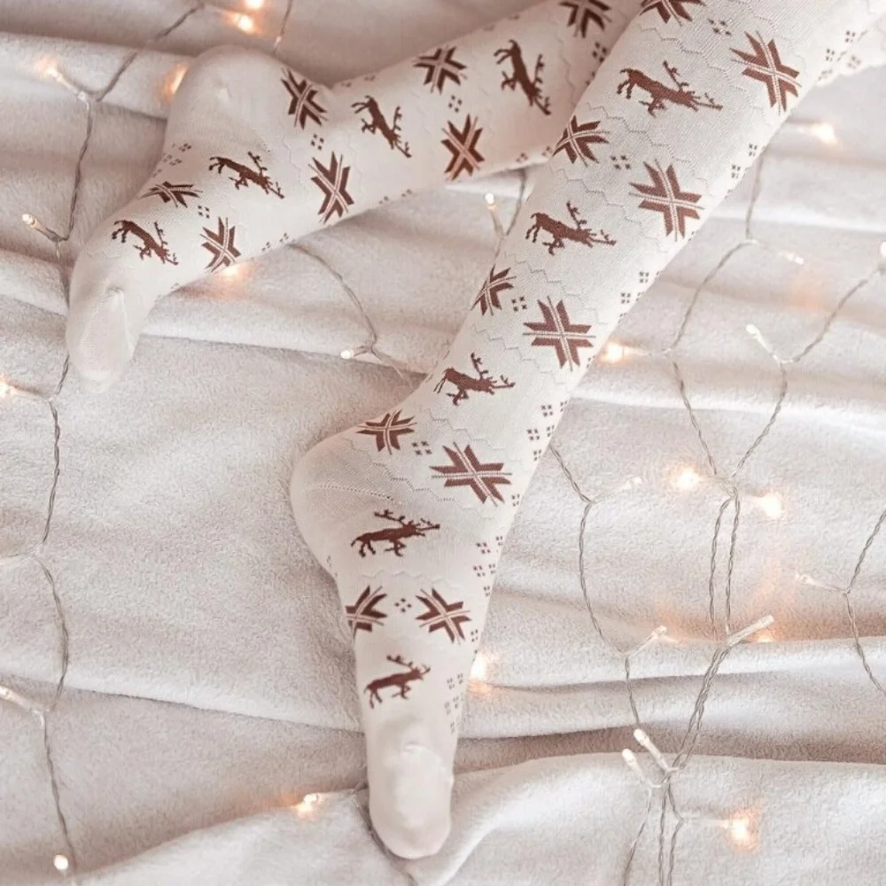 Tall Reindeer Fair Isle Over-the-knee Socks Long Ribbon Bow Stocking Holiday